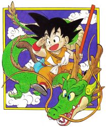 Rule 34 | 1boy, :d, absurdres, animal, arm at side, bag, black eyes, black footwear, black hair, blue eyes, blue sky, border, cloud, cloudy sky, collarbone, commentary, dougi, dragon, dragon ball, dragon ball (classic), dragon riding, english commentary, fingernails, flying, full body, hand on own face, hand up, happy, highres, holding, holding weapon, horns, looking afar, looking away, male focus, monkey tail, ruyi jingu bang, official art, open mouth, outside border, riding, shaded face, sharp teeth, shenron (dragon ball), simple background, sky, smile, son goku, spiked hair, tail, teeth, toriyama akira, weapon, whiskers, white background, wristband, yellow border
