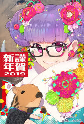 Rule 34 | 1girl, 2019, artist name, black-framed eyewear, blunt bangs, boar, colored eyelashes, commentary request, double bun, earrings, flower, flower earrings, fur, glasses, glint, grin, hair bun, hair flower, hair ornament, halftone, halftone background, highres, jewelry, long sleeves, looking at viewer, nail art, nail polish, original, parted lips, pink flower, pink nails, purple eyes, purple hair, redrop, signature, sleeves past wrists, smile, solo, teeth, translation request, upper body, upper teeth only, v-shaped eyebrows