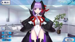 Rule 34 | 1girl, animal ears, bb (fate), bb (fate), bb (fate/extra), breasts, dmjp50t, fake animal ears, fake screenshot, fate/grand order, fate (series), gloves, hair ribbon, hands on own hips, lace, lace-trimmed legwear, lace trim, large breasts, leotard, long hair, looking at viewer, open mouth, playboy bunny, purple eyes, purple hair, rabbit tail, red ribbon, ribbon, solo, standing, tail, thighhighs, very long hair, white gloves