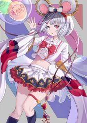 Rule 34 | 1girl, absurdres, animal ears, balloon, black socks, bow, brooch, commentary request, frilled skirt, frills, granblue fantasy, grey hair, hair bow, hair ornament, hairclip, heart, heart brooch, highres, jewelry, kneehighs, long sleeves, looking at viewer, midriff, mouse ears, navel, parted lips, pleated skirt, red bow, red eyes, ribbed legwear, shirt, skirt, sleeves past wrists, socks, solo, teeth, trap (drthumt), upper teeth only, vikala (granblue fantasy), white shirt, white skirt