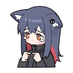 Rule 34 | 1girl, animal ears, arknights, black hair, black jacket, brown eyes, chibi, ear piercing, huang qing ye, index fingers together, jacket, long hair, lowres, piercing, pout, red hair, sidelocks, simple background, solo, tearing up, texas (arknights), upper body, white background, wolf ears