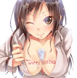 Rule 34 | 1girl, bad id, bad pixiv id, between breasts, blush, breasts, brown eyes, brown hair, candle, cleavage, dabadhi, hair ornament, hairclip, happy birthday, highres, large breasts, leaning forward, long hair, looking at viewer, mole, mole under eye, one eye closed, open clothes, open shirt, original, shirt, simple background, smile, solo, upper body, wink