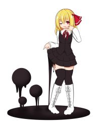Rule 34 | 1girl, ;d, blonde hair, boots, clothes lift, cross-laced footwear, darkness, hair ribbon, highres, one eye closed, open mouth, ribbon, rumia, shirt, short hair, skirt, skirt lift, smile, solo, takapi 3, thighhighs, touhou, vest, zettai ryouiki