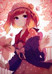 Rule 34 | 1girl, blurry, blurry foreground, blush, bow, cherry blossoms, collarbone, commentary request, dress, flower, fur trim, hair bow, hair ornament, hat, jacket, long sleeves, looking at viewer, original, outdoors, pink dress, purple eyes, purple jacket, red bow, red hair, rizky (strated), short twintails, smile, solo, tree, twintails
