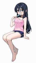 Rule 34 | 1girl, absurdres, barefoot, black hair, blue eyes, blue shorts, blush, breasts, camisole, camisole pull, clothes pull, eating, feet, food, full body, highres, hot, legs, long hair, looking at viewer, multicolored hair, original, pink camisole, popsicle, pulled by self, see-through silhouette, short shorts, shorts, simple background, sitting, small breasts, solo, streaked hair, sweat, thighs, toes, useq1067, white background