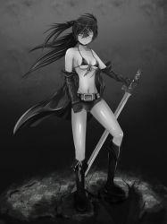 Rule 34 | 10s, 1girl, bikini, bikini top only, black footwear, black rock shooter, black rock shooter (character), boots, breasts, gloves, glowing, glowing eye, greyscale, jacket, jacket off shoulders, knee boots, liu guniang, monochrome, navel, off shoulder, short shorts, shorts, sketch, small breasts, solo, stitches, swimsuit, sword, weapon