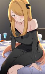 Rule 34 | 1girl, alternate costume, bare shoulders, bed frame, black dress, blonde hair, blush, breasts, cleavage, collarbone, creatures (company), cup, cynthia (pokemon), dress, drinking glass, game freak, grey eyes, hair ornament, hair over one eye, highres, leaning forward, long hair, looking at viewer, mattyazuki, medium breasts, nightstand, nintendo, on bed, parted lips, pillow, pokemon, pokemon dppt, single bare shoulder, sitting, smile, solo, strap slip, very long hair, wine glass