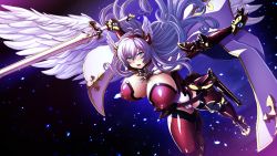 Rule 34 | artist request, breasts, character request, copyright request, food, game cg, huge breasts, purple hair, sword, tagme, waffle, weapon, wings