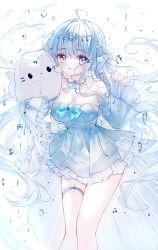 Rule 34 | 1girl, absurdres, ahoge, animal, bare shoulders, blue dress, blue eyes, blue hair, blue sleeves, blush, breasts, cat, cleavage, commentary, copyright request, crescent, detached sleeves, dress, english commentary, frilled dress, frills, hair between eyes, hair intakes, hands up, highres, long hair, looking at viewer, medium breasts, parted lips, pleated dress, sleeves past fingers, sleeves past wrists, smile, solo, strapless, strapless dress, tandohark, very long hair, water drop, white background, white cat, wide sleeves