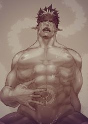 Rule 34 | 1boy, abs, autofacial, bara, brown theme, completely nude, cum, cum on body, cum on male, cum on pectorals, cum on self, facial, facial hair, goatee, groin, headband, implied sex, large pectorals, leaning back, long sideburns, male focus, mature male, monochrome, multicolored hair, muscular, muscular male, navel, nipples, nude, pectorals, senogon, short hair, sideburns, solo, spiked hair, spread legs, stomach, stomach tattoo, tangaroa (housamo), tattoo, tokyo houkago summoners, tribal tattoo, two-tone hair