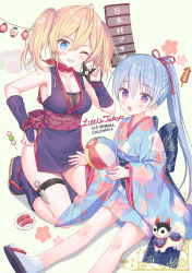 Rule 34 | 2girls, :o, arm guards, bare shoulders, black footwear, blonde hair, blue eyes, blue hair, blue kimono, blush, breasts, brown footwear, cleavage, commentary request, floral background, floral print, green background, grin, hair between eyes, hand up, holding, japanese clothes, kimono, kneeling, kunai, lala tramont, long hair, long sleeves, medium breasts, minnie parker, multiple girls, one eye closed, open mouth, original, ponytail, print kimono, purple eyes, sandals, shoe soles, short kimono, shuriken, sitting, smile, socks, twintails, very long hair, weapon, wide sleeves, yuuki rika, zouri