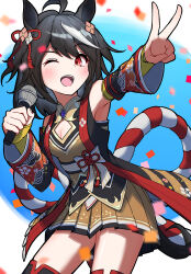 Rule 34 | 1girl, ;d, absurdres, ahoge, animal ears, armpits, black hair, bow, breasts, brown skirt, cleavage cutout, clothing cutout, commentary request, contrapposto, detached sleeves, ear ribbon, han kasu, highres, holding, holding microphone, horse ears, horse girl, horse tail, kitasan black (umamusume), kouhaku nawa, medium breasts, microphone, multicolored hair, one eye closed, open mouth, partial commentary, pleated skirt, red eyes, red ribbon, ribbon, rope, shimenawa, short hair, skirt, smile, solo, streaked hair, tail, umamusume, white hair