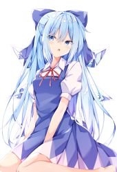 Rule 34 | 1girl, :o, alternate hair length, alternate hairstyle, barefoot, between legs, blue dress, blue eyes, blue hair, breasts, cirno, commentary request, dress, hair between eyes, hair ribbon, hand between legs, head tilt, highres, light blush, long hair, looking at viewer, pinafore dress, puffy short sleeves, puffy sleeves, red neckwear, red ribbon, ribbon, sabana, shirt, short sleeves, simple background, sitting, sleeveless dress, small breasts, solo, touhou, very long hair, wariza, white background, white shirt, wings