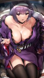 Rule 34 | 1girl, bare shoulders, black thighhighs, breasts, choker, cleavage, commentary request, hair ornament, hairband, hairclip, hedgehog, highres, holding tenbou, kneeling, knife, large breasts, long hair, mahjong, mahjong soul, mole, mole under eye, nikaidou miki, no shoes, nonohachi, open mouth, purple hair, red eyes, solo, tenbou, thighhighs