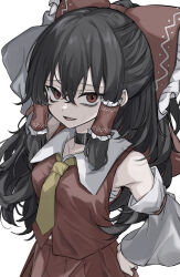 Rule 34 | 1girl, absurdres, bare shoulders, black choker, black hair, bow, choker, detached sleeves, fang, hair between eyes, hair bow, hair tubes, hakurei reimu, highres, hisha (kan moko), japanese clothes, long hair, looking at viewer, neckerchief, nontraditional miko, open mouth, red bow, red eyes, red skirt, sidelocks, simple background, skirt, solo, touhou, upper body, white background, white sleeves, wide sleeves, yellow neckerchief