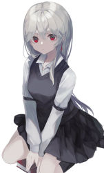 Rule 34 | 1girl, between legs, black footwear, black skirt, black socks, book, breasts, collared shirt, commentary request, dress shirt, eyebrows hidden by hair, grey hair, hair between eyes, hand between legs, highres, kneehighs, long sleeves, looking at viewer, ogami ren, original, pleated skirt, red eyes, shirt, shoes, simple background, single kneehigh, single sock, sitting, skirt, small breasts, socks, solo, sweater vest, thick eyebrows, wariza, white background, white shirt