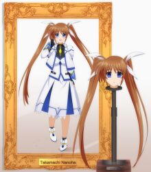 Rule 34 | 1girl, absurdres, black gloves, blue eyes, blush, breasts, brown hair, character name, corpse, death, decapitation, empty eyes, fingerless gloves, gloves, guro, hair ribbon, highres, large breasts, long hair, lyrical nanoha, magical girl, mahou shoujo lyrical nanoha strikers, moderncrusader20, open mouth, portrait, ribbon, smile, solo, takamachi nanoha, taxidermy, twintails