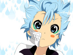 Rule 34 | 1boy, arrancar, art style parody, aup001, bleach, blue eyes, blue hair, blush, blush stickers, confused, crossover, facepaint, grimmjow jaegerjaquez, highres, k-on!, male focus, mask, matching hair/eyes, number tattoo, parody, rain, short hair, simple background, skull, solo, spiked hair, style parody, tattoo, wallpaper, water drop