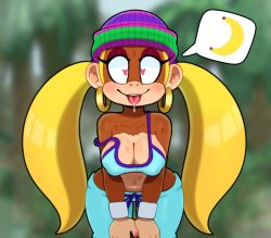 Rule 34 | 1girl, banana, blonde hair, blush, breasts, cleavage, donkey kong (series), earrings, food, fruit, furry, heart, heart-shaped pupils, highres, hoop earrings, jewelry, knitting, large breasts, long hair, midriff, monkey, monkey girl, nail polish, navel, nintendo, saliva, smile, somescrub, sweat, symbol-shaped pupils, tank top, tiny kong, tongue, tongue out, twintails, wide hips