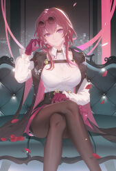 Rule 34 | 1girl, absurdres, black jacket, black pantyhose, butterfly ornament, chest strap, cityscape, closed mouth, collared shirt, commentary request, conghuazi, couch, crossed legs, earrings, eyewear on head, feet out of frame, gloves, hand up, high-waist shorts, highres, honkai: star rail, honkai (series), indoors, jacket, jewelry, kafka (honkai: star rail), long hair, long sleeves, looking at viewer, open clothes, open jacket, pantyhose, pantyhose under shorts, petals, purple eyes, purple gloves, purple hair, round eyewear, shirt, shorts, single earring, sitting, smile, solo, sunglasses, white shirt, window