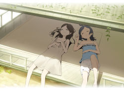 Rule 34 | 2girls, ahoge, bare arms, bare shoulders, black hair, brown hair, camisole, closed eyes, closed mouth, commentary request, doremi (doremi4704), dress, feet out of frame, grey dress, hair spread out, ivy, long hair, lying, multiple girls, off shoulder, on back, original, parted lips, sandals, shade, shorts, sleeping, smile, white shorts