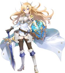 Rule 34 | 1girl, armor, artist request, black gloves, blonde hair, boots, breasts, chateau gaillard (oshiro project), detached sleeves, epaulettes, full body, gloves, headgear, holding, holding shield, holding sword, holding weapon, long hair, medium breasts, official art, oshiro project:re, oshiro project:re, purple eyes, shield, solo, sword, thigh boots, thighhighs, transparent background, weapon