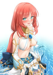 Rule 34 | 1girl, @ @, akira (sayo dayoo), aqua eyes, areola slip, blush, breasts, brooch, clothing cutout, commentary request, crop top, detached sleeves, genshin impact, gold trim, harem outfit, highres, horns removed, impossible clothes, jewelry, large breasts, long sleeves, looking at viewer, low twintails, navel, neck ring, nilou (genshin impact), no headwear, paid reward available, parted bangs, parted lips, puffy long sleeves, puffy sleeves, red hair, shrug (clothing), sidelocks, sitting, skirt, solo, stomach, twintails, vambraces, vision (genshin impact), water, wavy mouth