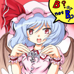 Rule 34 | 1girl, blue hair, caduceus, english text, engrish text, fang, female focus, flx, hat, light purple hair, lowres, pun, ranguage, red eyes, remilia scarlet, solo, speech bubble, touhou, upper body, wings, wrist cuffs