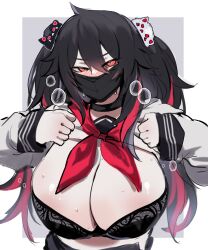 Rule 34 | 1girl, absurdres, black bra, black hair, bra, breasts, clothes lift, commentary, highres, huge breasts, k (kuayrenaiz), kurenaiz (kuayrenaiz), long hair, long sleeves, mask, mouth mask, multicolored hair, orange eyes, original, red hair, school uniform, serafuku, shirt lift, solo, streaked hair, sweat, symbol-only commentary, twintails, two-tone hair, underwear, upper body