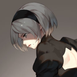Rule 34 | 1girl, black dress, black hairband, commentary request, dress, from side, gradient background, grey background, grey eyes, hairband, jiro (ninetysix), juliet sleeves, long sleeves, looking down, mole, mole under mouth, nier:automata, nier (series), profile, puffy sleeves, short hair, solo, upper body, 2b (nier:automata)