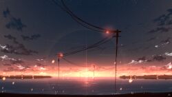 Rule 34 | chinese commentary, cloud, commentary request, highres, horizon, lens flare, light particles, no humans, ocean, original, outdoors, power lines, rune xiao, scenery, signature, sky, star (sky), starry sky, still life, sun, sunset, utility pole