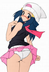 Rule 34 | 1girl, ass, blue eyes, blue hair, blush, clothes lift, creatures (company), dawn (pokemon), embarrassed, endou masatoshi, game freak, hair ornament, hairclip, hat, humiliation, looking back, nintendo, panties, pink skirt, pokemon, scarf, skirt, skirt lift, solo, underwear, upskirt, white panties