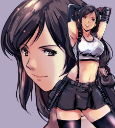 Rule 34 | 1girl, armpits, arms up, belt, black hair, black skirt, black thighhighs, breasts, brown eyes, collarbone, commentary request, crop top, final fantasy, final fantasy vii, final fantasy vii remake, gloves, kamisimo 90, large breasts, long hair, looking at viewer, low-tied long hair, midriff, multiple views, navel, open mouth, skirt, smile, solo, square enix, standing, suspender skirt, suspenders, tank top, thighhighs, tifa lockhart, very long hair, white tank top
