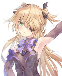 Rule 34 | 1girl, arm up, armpits, bare shoulders, blonde hair, blush, bow, bowtie, breasts, eyepatch, fischl (genshin impact), genshin impact, green eyes, hair ornament, highres, long hair, looking at viewer, one eye covered, parufeito, purple bow, simple background, small breasts, smile, solo, white background