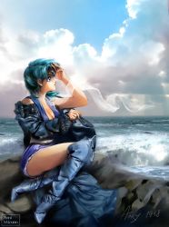 Rule 34 | 1990s (style), 1998, 1girl, anry, artist name, beach, bishoujo senshi sailor moon, blue eyes, blue hair, boots, breasts, character name, cleavage, cloud, jacket, knee boots, matching hair/eyes, mizuno ami, ocean, outdoors, painting (action), realistic, retro artstyle, rock, sailor mercury, scarf, solo, tiara, wind