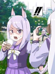 Rule 34 | !, !!, 2girls, 4me 4ma, animal ears, blurry, blurry background, bow, cellphone, commentary request, day, depth of field, drooling, ear covers, ear ribbon, food, gold ship (umamusume), green ribbon, grey hair, highres, holding, holding food, holding phone, horse ears, horse girl, horse tail, long hair, looking at viewer, mejiro mcqueen (umamusume), multiple girls, open mouth, outdoors, phone, pleated skirt, purple eyes, purple hair, purple shirt, purple skirt, ribbon, school uniform, shirt, skirt, spoken exclamation mark, steam, sweat, swept bangs, tail, tracen school uniform, tree, umamusume, v-shaped eyebrows, very long hair, white bow