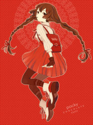 Rule 34 | 1girl, backpack, bad id, bad pixiv id, bag, blouse, braid, brown eyes, brown gloves, brown hair, brown pantyhose, fingerless gloves, food, from behind, full body, gloves, hair ornament, hair ribbon, hairclip, highres, long hair, looking at viewer, looking back, mouth hold, o-ishi, original, pantyhose, personification, pocky, pocky day, polka dot, polka dot background, randoseru, red background, red theme, ribbon, school bag, shirt, shoes, skirt, solo, text focus, twin braids