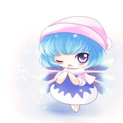 Rule 34 | 1girl, blue eyes, blue hair, chibi, cirno, fang, hat, highres, matching hair/eyes, perfect cherry blossom, scarf, snow, solo, touhou, wings, yume shokunin