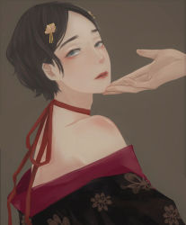 Rule 34 | 1boy, bare shoulders, black hair, black kimono, expressionless, eyeshadow, floral print, from side, grabbing another&#039;s chin, hair ornament, hand on another&#039;s chin, head tilt, japanese clothes, kimono, lips, looking at viewer, looking to the side, luci, makeup, male focus, male prostitution, neck ribbon, nose, off shoulder, original, parted bangs, parted lips, portrait, print kimono, red lips, ribbon, short hair, simple background, solo focus