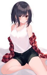 Rule 34 | 1girl, absurdres, bare shoulders, barefoot, bed sheet, black hair, black shorts, blush, breasts, brown eyes, cleavage, closed mouth, collarbone, hair between eyes, highres, jacket, long sleeves, looking at viewer, medium breasts, mizu (lzzrwi603), off shoulder, open clothes, open jacket, original, plaid, plaid jacket, red jacket, short shorts, shorts, sitting, sleeves past wrists, solo, tank top, white background, white tank top, yokozuwari