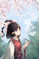 1girl alternate_costume black_hair bow cherry_blossoms hakurei_reimu high_ponytail highres long_sleeves pink_bow pink_eyes red_vest ribbon sasami_(shiroi_fuwafuwa) shirt smoke smoking smoking_pipe solo touhou vest white_shirt