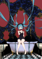 Rule 34 | 1girl, absurdly long hair, absurdres, bad id, bad pixiv id, bare legs, barefoot, bathtub, black dress, black flower, black headwear, black rose, blue eyes, claw foot bathtub, collarbone, commentary request, dress, flower, full body, hatsune miku, headdress, highres, knees together feet apart, long hair, looking at viewer, pre sktch, red background, rose, sleeveless, sleeveless dress, solo, thighs, tile floor, tiles, very long hair, vocaloid, water