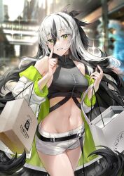 Rule 34 | 1girl, a0lp, bag, bare shoulders, belt, black hair, black shirt, black thighhighs, breasts, commission, cropped shirt, fate/grand order, fate (series), green eyes, green jacket, grin, hair between eyes, highres, index finger raised, jacket, long hair, long sleeves, looking at viewer, medium breasts, midriff, multicolored clothes, multicolored hair, multicolored jacket, nagao kagetora (fate), navel, off shoulder, open clothes, open jacket, pixiv commission, shirt, shopping bag, short shorts, shorts, sidelocks, single thighhigh, sleeveless, sleeveless shirt, smile, solo, textless version, thigh strap, thighhighs, thighs, two-tone hair, two-tone jacket, uesugi kenshin (fate), uesugi kenshin (second ascension) (fate), very long hair, white hair, white jacket, white shorts