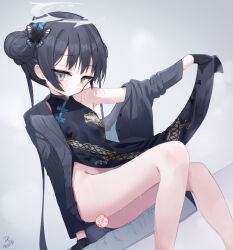 Rule 34 | 1girl, black dress, black hair, black jacket, blue archive, butterfly hair ornament, censored, closed mouth, commentary request, double bun, dress, feet out of frame, grey background, grey eyes, hair bun, hair ornament, highres, jacket, kisaki (blue archive), long hair, navel, nishi yasuaki, off shoulder, open clothes, open jacket, pelvic curtain, pinstripe pattern, sidelocks, signature, sleeveless, sleeveless dress, solo, striped, twintails, very long hair