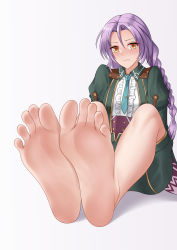 Rule 34 | 1girl, absurdres, blush, braid, clorica (rune factory), commission, feet, foot focus, foreshortening, gold trim, greek toe, hair between eyes, highres, knees apart feet together, long hair, oirin, parted bangs, pixiv commission, purple hair, rune factory, rune factory 4, simple background, soles, solo, toes, twin braids, white background