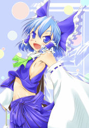Rule 34 | 1girl, alternate color, armpits, ascot, blue background, blue eyes, blue hair, bow, breasts, cirno, cosplay, detached sleeves, fang, flat chest, gohei, hair bow, hair tubes, hakurei reimu, hakurei reimu (cosplay), highres, looking at viewer, matching hair/eyes, matsu 84, midriff, navel, open mouth, polka dot, polka dot background, short hair, sideboob, skirt, skirt set, solo, touhou, wings
