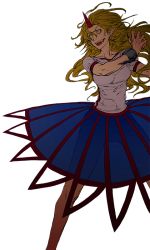 Rule 34 | 1girl, blonde hair, blue skirt, breasts, collarbone, constricted pupils, cuffs, egawa satsuki, fangs, fingernails, horns, hoshiguma yuugi, legs apart, long fingernails, long hair, long skirt, looking to the side, medium breasts, muscular, nail polish, open mouth, pointy ears, red nails, see-through, see-through silhouette, shackles, sharp fingernails, sharp teeth, shirt, short sleeves, simple background, single horn, skirt, smile, solo, teeth, thighs, toned, touhou, very long hair, white background, white shirt, wide stance, wind, yellow eyes