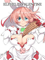 Rule 34 | 1girl, ahoge, aqua eyes, arc system works, artist name, between breasts, blue eyes, blush, breasts, bridal veil, bursting breasts, character name, cleavage, clover, dress, elphelt valentine, english text, four-leaf clover, gloves, green eyes, guilty gear, guilty gear xrd, highres, large breasts, looking at viewer, meido yomi, pink hair, shiny skin, short hair, smile, solo, spikes, veil, wedding dress, white dress