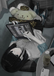 Rule 34 | 1girl, 38 (sanjuuhachi), absurdres, black eyes, black footwear, black hair, blue nails, bob cut, bottle, cellphone, closed mouth, coffee, commentary request, couch, crossed legs, cushion, drawing tablet, drawstring, highres, holding, holding drawing tablet, hood, hood down, hoodie, indoors, jewelry, looking at viewer, lying, nail polish, on back, on couch, original, phone, ring, shoes, short hair, smartphone, sneakers, solo, stuffed animal, stuffed toy, white hoodie