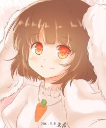 Rule 34 | 1girl, animal ears, brown hair, carrot, carrot necklace, dress, floppy ears, highres, hikaru no yuska, inaba tewi, jewelry, necklace, pendant, pink dress, rabbit ears, red eyes, short hair, smile, solo, touhou